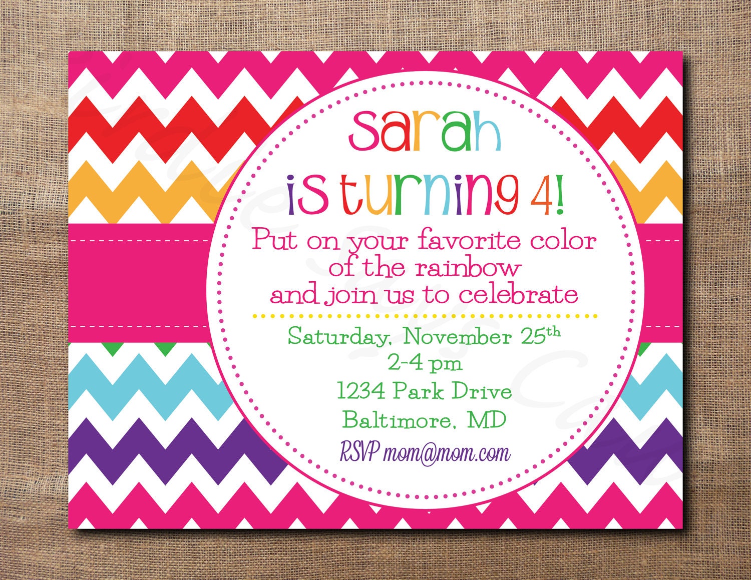 Chevron Rainbow Birthday Party Printable Invitation