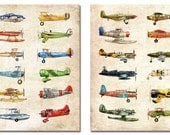 TWO 11x14 Vintage Airplane Collection, antiqued watercolor prints