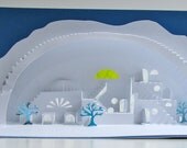 Decorations 3D Model Home Decor Pop Up Origamic Architecture, Mediterranean Scenery of Village under Bridge Original Design OOAK Signed.