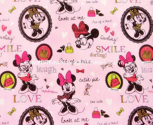 mi046/P - 1 Yard Cotton Fabric - Disney Cartoon Characters, Minnie Mouse and Glasses - Pink (W140)