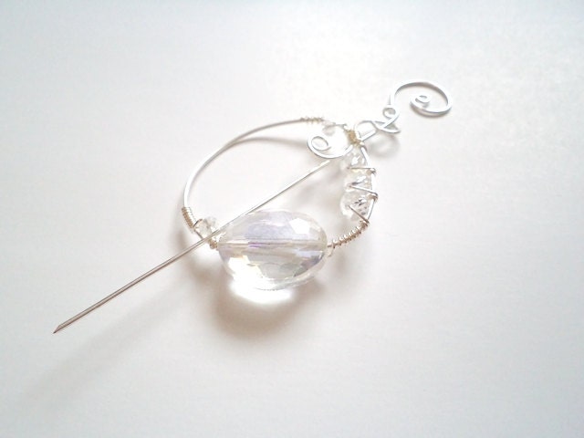 Shawl Pin, Scarf Pin, Brooch -- Crystal Fibula , Wire Wrap Jewelry
