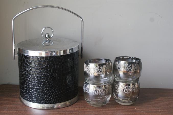 Sale Madmen Chic Champagne Bucket. Faux Black Crocodile Chrome Bucket Silver Trim. Impeccable Inside. Smoky Glam Damask Roly Poly Glasses