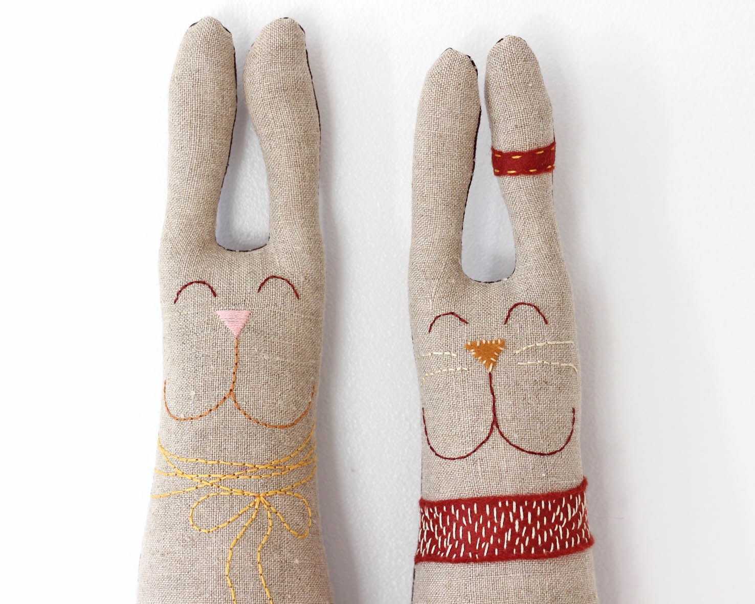 Linen Bunny Rabbit Hand Embroidered with Yellow Bow