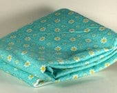 large baby blanket double sided blue white flower motif, soft cozy white flannel on back