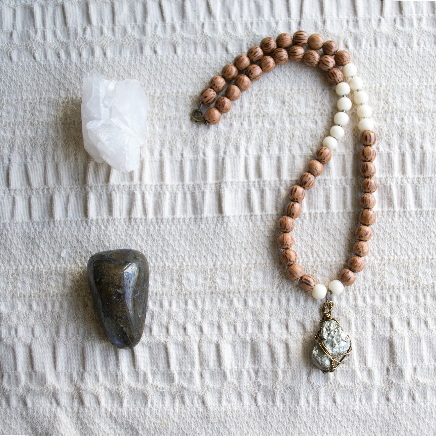 SALE - Protection// Palwood and Pyrite Half Mala, yoga jewelry, mala beads, boho, bohemian