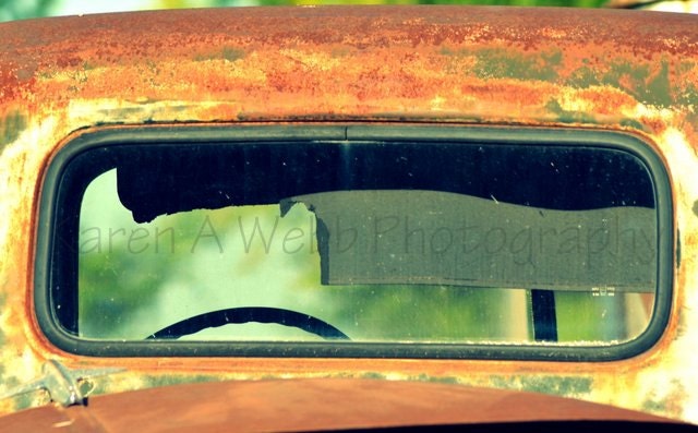 Vintage Rear Window View Truck Awesome Patina Rust wall Decor Rural Missouri 10x8 Free domestic shipping Karen A Webb Photography