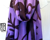 Purple silk shawl. Hand painted Brown Geisha Kimono Purple Silk Scarf. Silk Scarves Takuyo. Silk Charmeuse Shawl. Silk Dye. Approx 22x90 in.