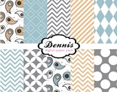BUY 2 GET 2 FREE - Digital Scrapbook Paper Clip Art - Blue Salmon Gray - Paisley Chevron Stripes Polka Dots