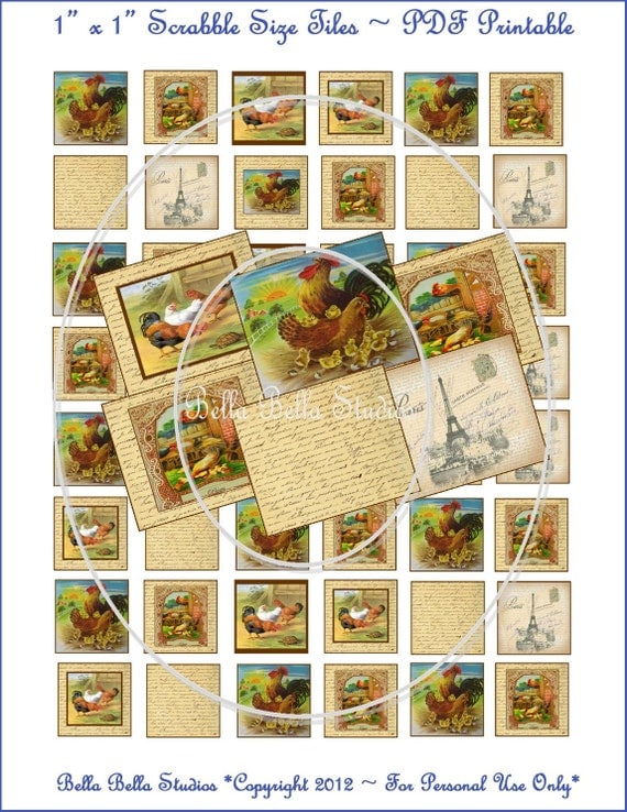 Vintage ROOSTER and CHICKEN PRINTABLE Instant Download Tags 1x1 Square Scrabble Tiles Collage Sheet Hang Tags Scrapbook Paper Supplies Il_570xn