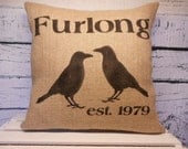 Burlap black crow pillow cover - family name - established date - personalized - primitive crows/ravens -  pillow insert sold separately