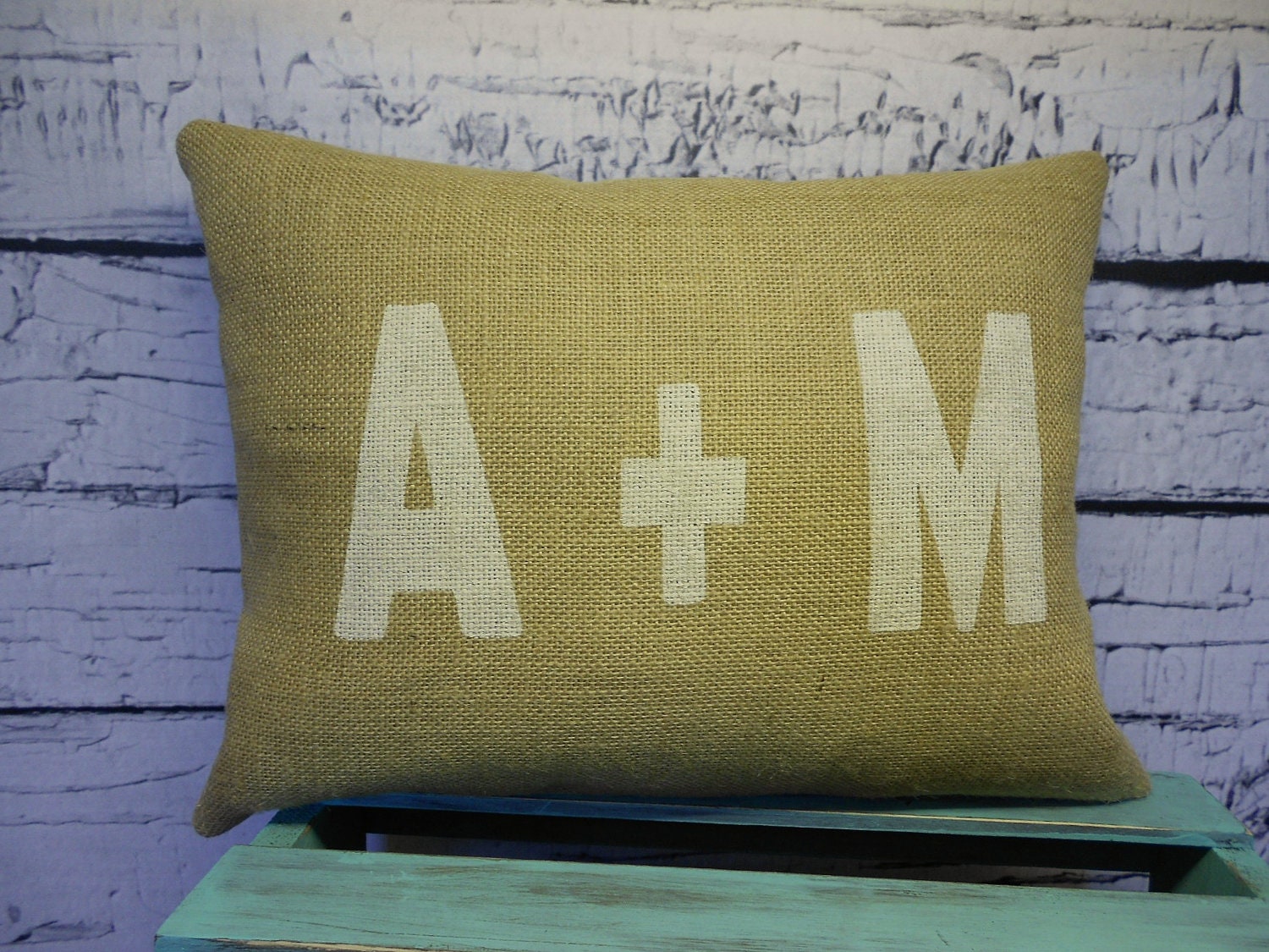 Burlap pillow cover personalized with initials - plus sign - monogram - rustic/shabby chic wedding decor - Pillow Insert Sold Separately