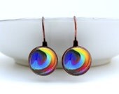 Peacock Feather Earrings Glass Art Earrings in Vintage Copper Picture Earrings Photo Earrings