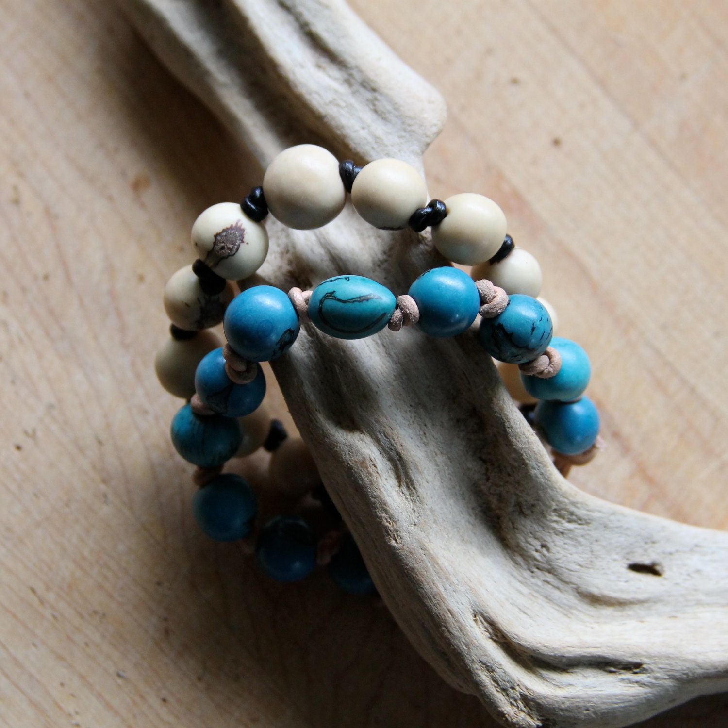 Tagua Nut Knotted Leather  Bracelet - Natural & Teal