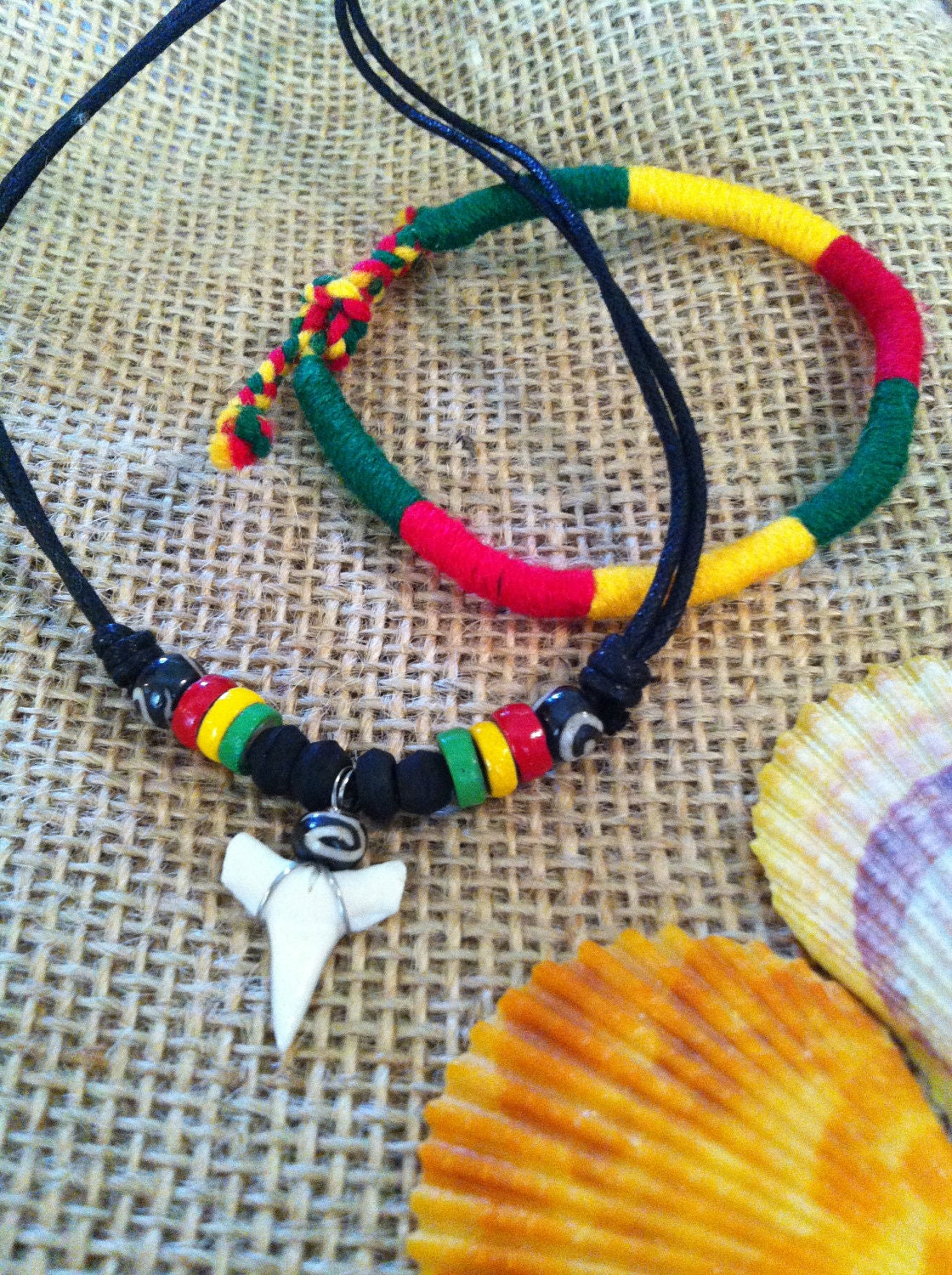 Rasta Beach Gift Set - shark tooth necklace and bracelet - packaged in natural burlap bag