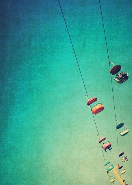 Mid century, sixties carnival, nostalgic california summer, Santa Cruz, aqua, orange, pink, yellow, retro - SkyGlider II, 5x7 photograph