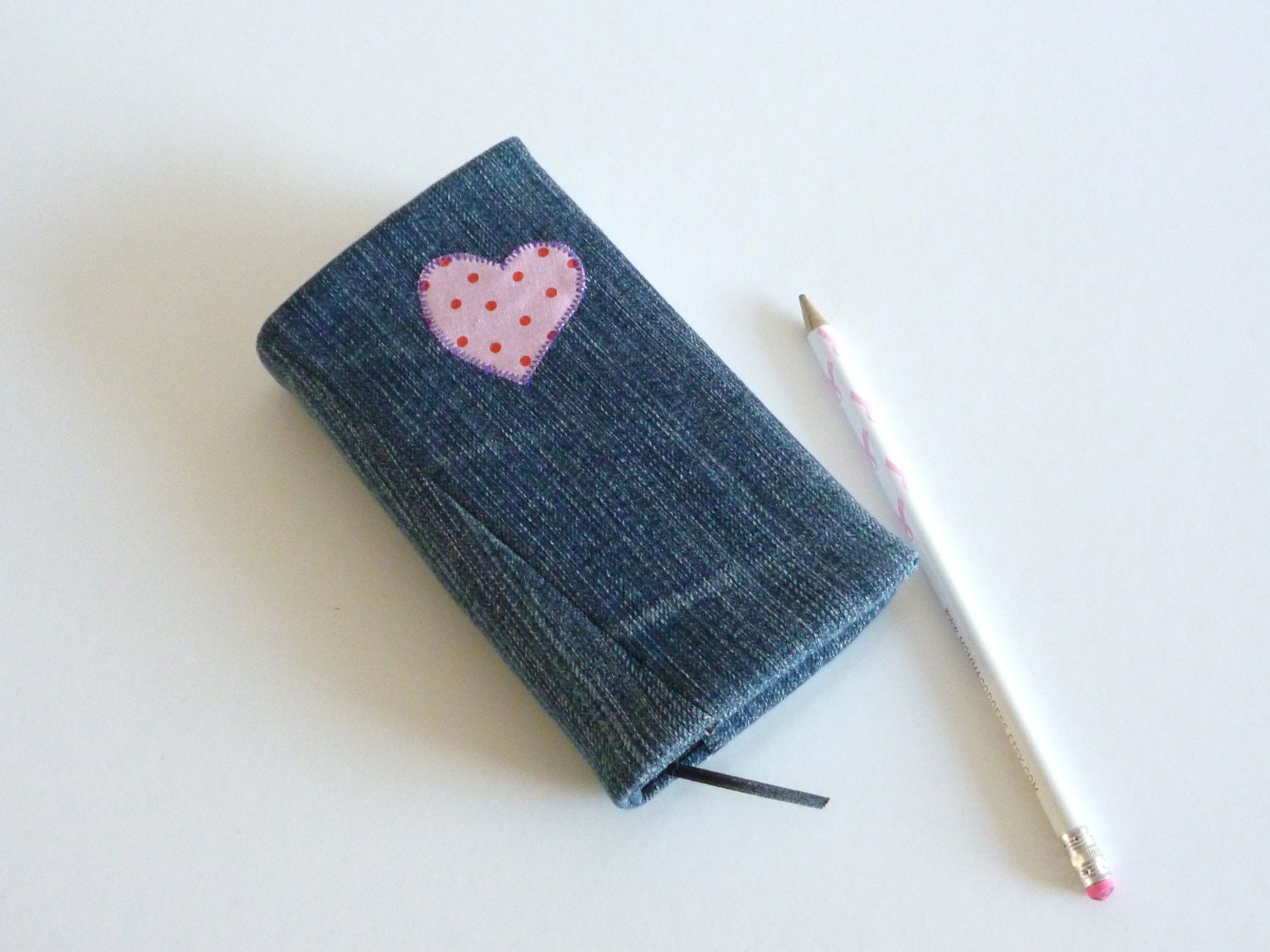 2013 denim diary - day to a page - pink polka dot heart - recycled fabric cover - journal