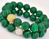 Malachite Patterned Agate Semi Precious Gemstone Beaded Bracelet with Gold or Silver Pave Rhinestones