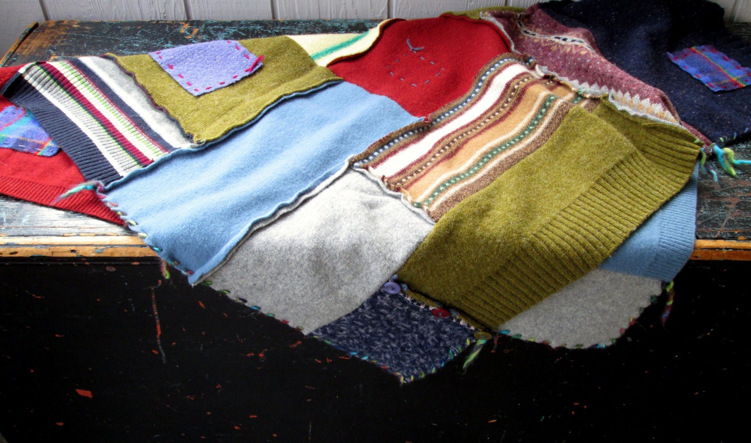 wool throw blanket - patchwork - home decor - sofa - couch - cabin - vintage - recycled sweaters - rustic - gift - cozy - warm - crazy quilt