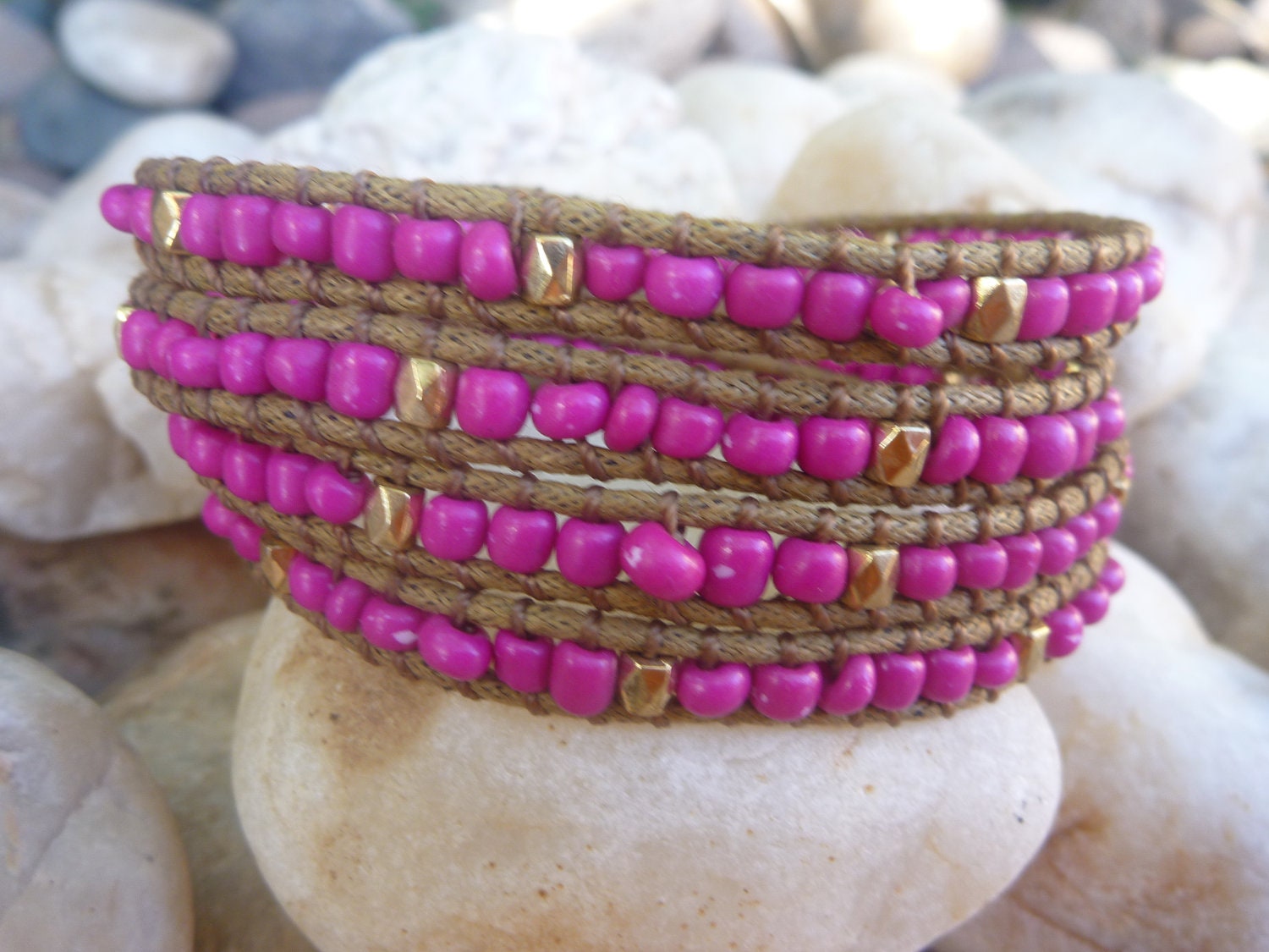 Chan luu inspired beaded leather wrap bracelet .Wrap bracelet.Pink  beads and gold nugget on cord four wrap bracelet.