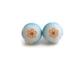 Flower Button Earrings Fabric Button Earrings Orange White Blue Stud Earrings