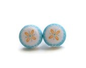 Button Earrings Orange Flower Fabric Button Earrings White Blue Stud Earrings