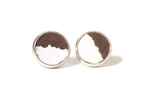 Brown and White Leather Stud Earrings, Leather Earrings, Earstuds, Ear Stud Earring
