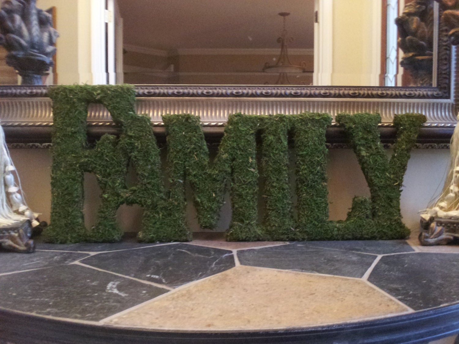 Moss Letters. Moss Wreath. Moss Covered "Family".  Unique and elegant wall decor or stand alone decor.