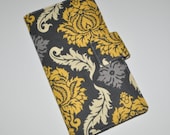 Fabric Travel Wallet. Antique Yellow Damask Print. Cotton Pocketbook. Choose Your Pocket Color.
