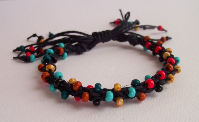Kumihimo Beaded Bracelet, Hemp and Bead Bracelet, Adjustable, Cherokee
