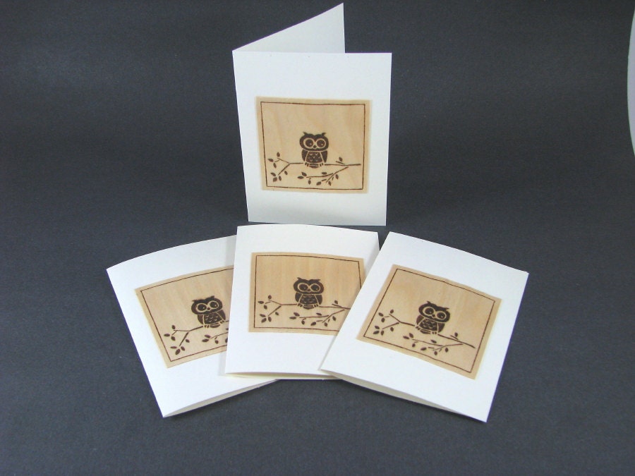 Owl card - Wood Pyrography - Owl on branch