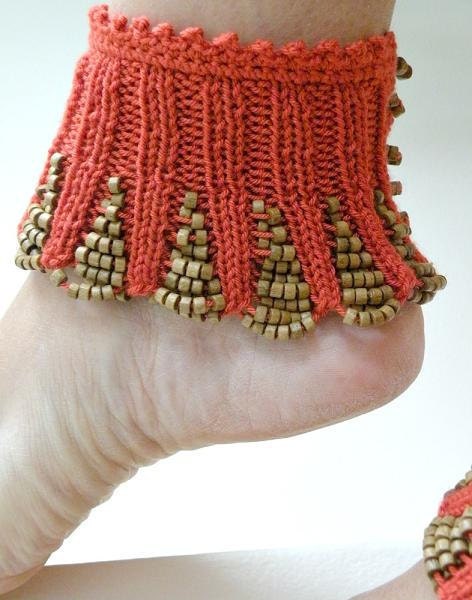 Hand Knit Burnt Orange Spats with Brown Wooden Beaded