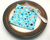 Turquoise Cloth Cocktail Napkins, Brown and Tan Dots, 12 Inch, Set of Four