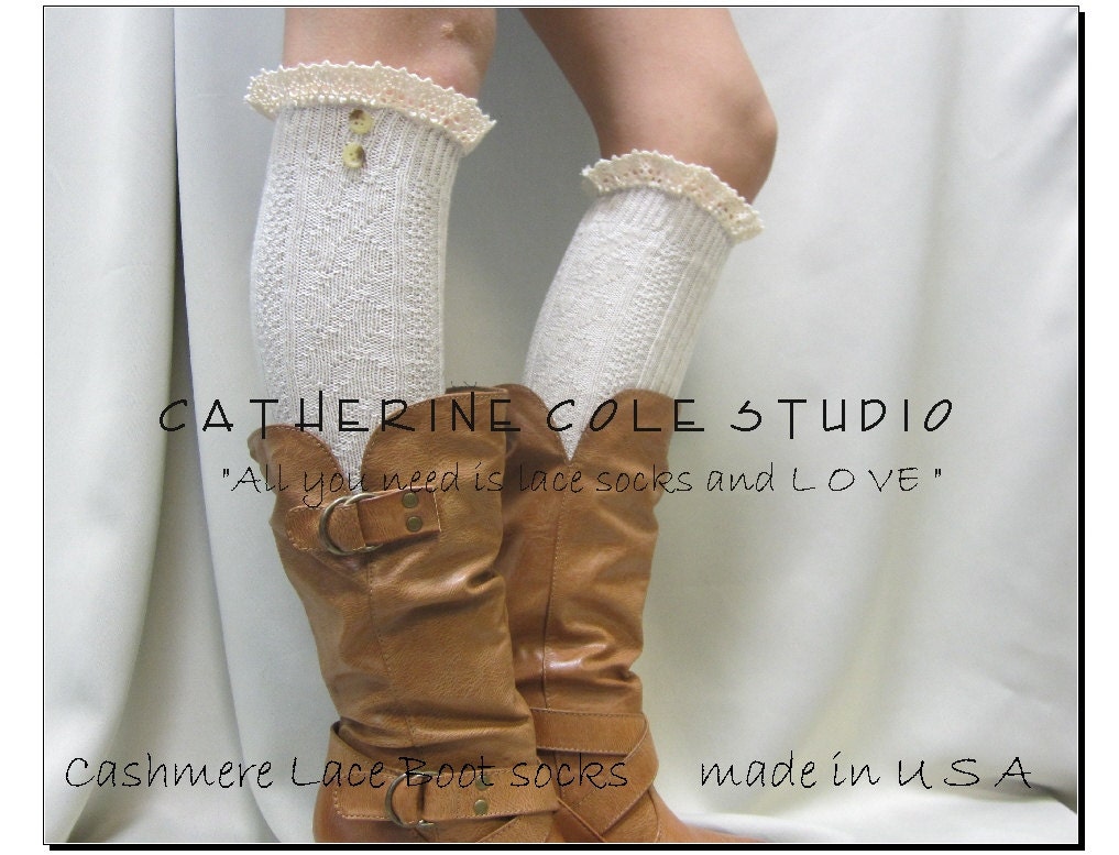 SALE Natural CASHMERE blend cable knit Lace Boot Sock  Super soft sock made in america amazing softness BKS2BL  Catherine Cole