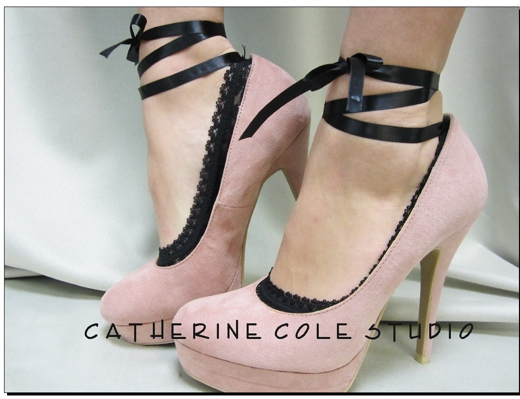 Ballerina lace up black footlets slippers for bridal wedding satin bows peeking out from your favorite pump and flats