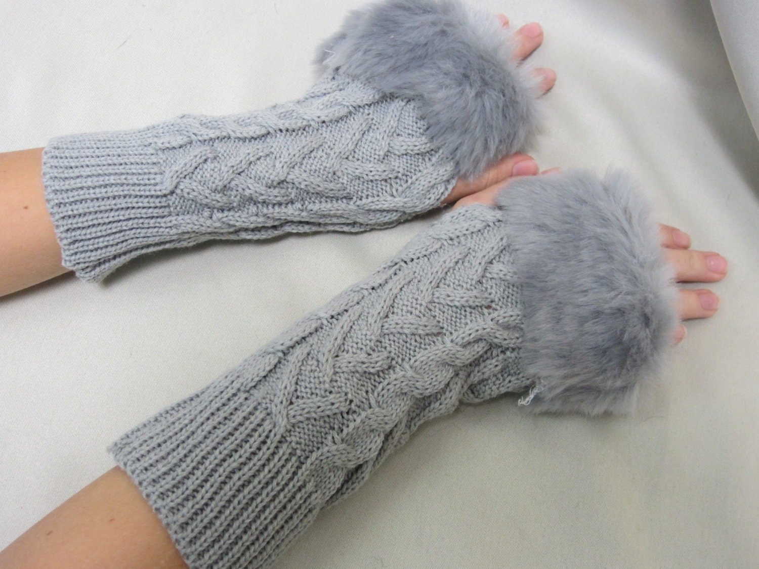 SALE fur trimmed arm warmers GREY fingerless gloves great for stocking stuffers holiday gifts under 20 by Catherine Cole Studio