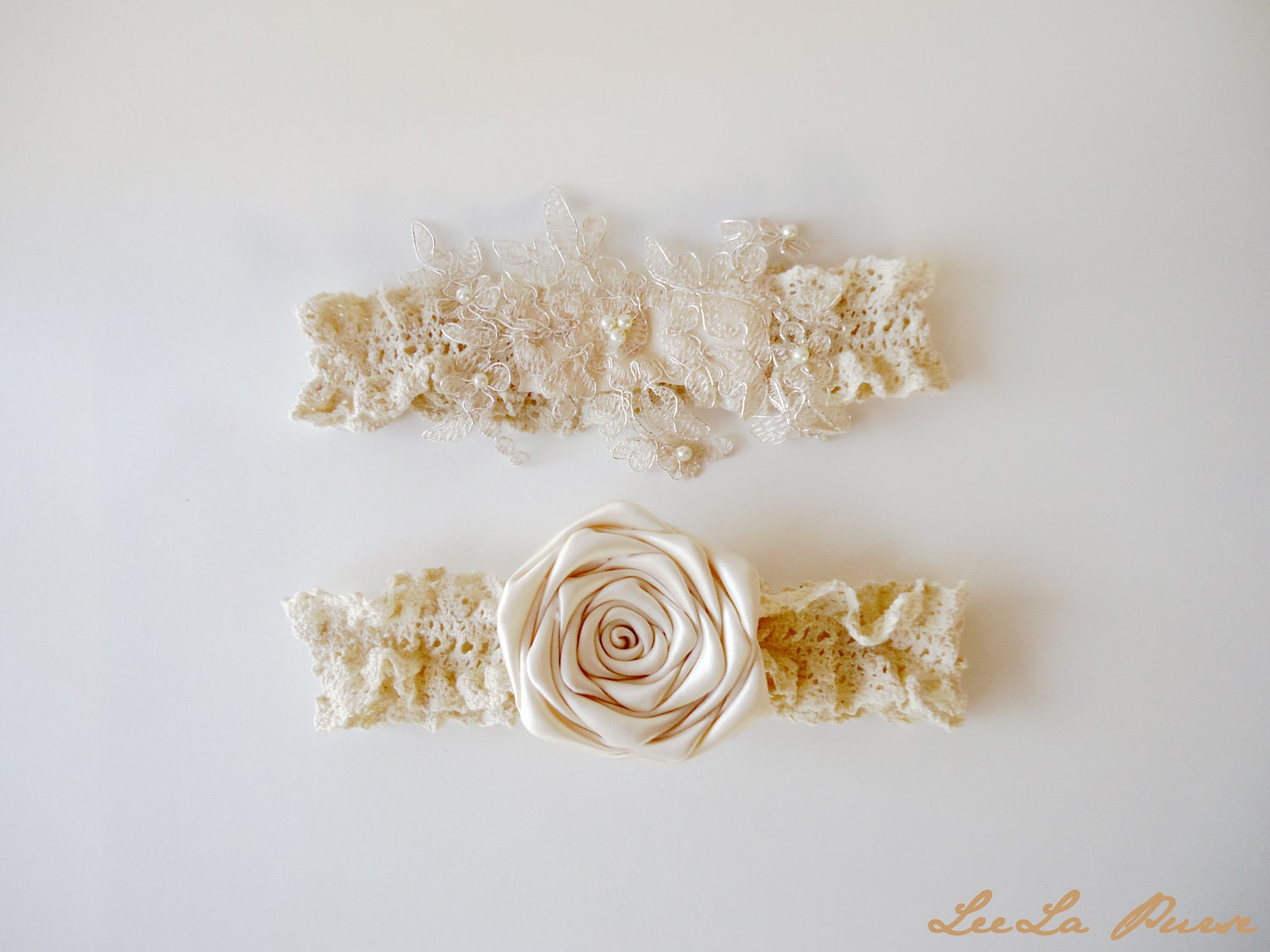 Bridal Garter Heirloom  Champagne Rose Wedding Garter Set with Toss Lace Garter Heirloom and Pearls