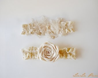 Bridal Garter Heirloom  Champagne Rose Wedding Garter Set with Toss Lace Garter Heirloom and Pearls
