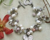 Handmade Freshwater Pearl, Swarovski Crystal, Rainbow Moonstone, Botswana Agate Fine Silver & Sterling Silver Cha Cha Cluster Bracelet
