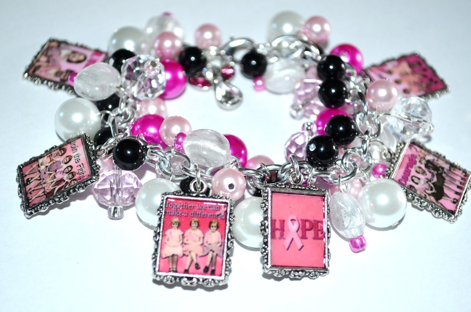 BREAST CANCER AWARENESS Charm Bracelet Handmade Nostalgic Altered Art Free2BDesigns Ready to Ship Pink Awareness Jewelry