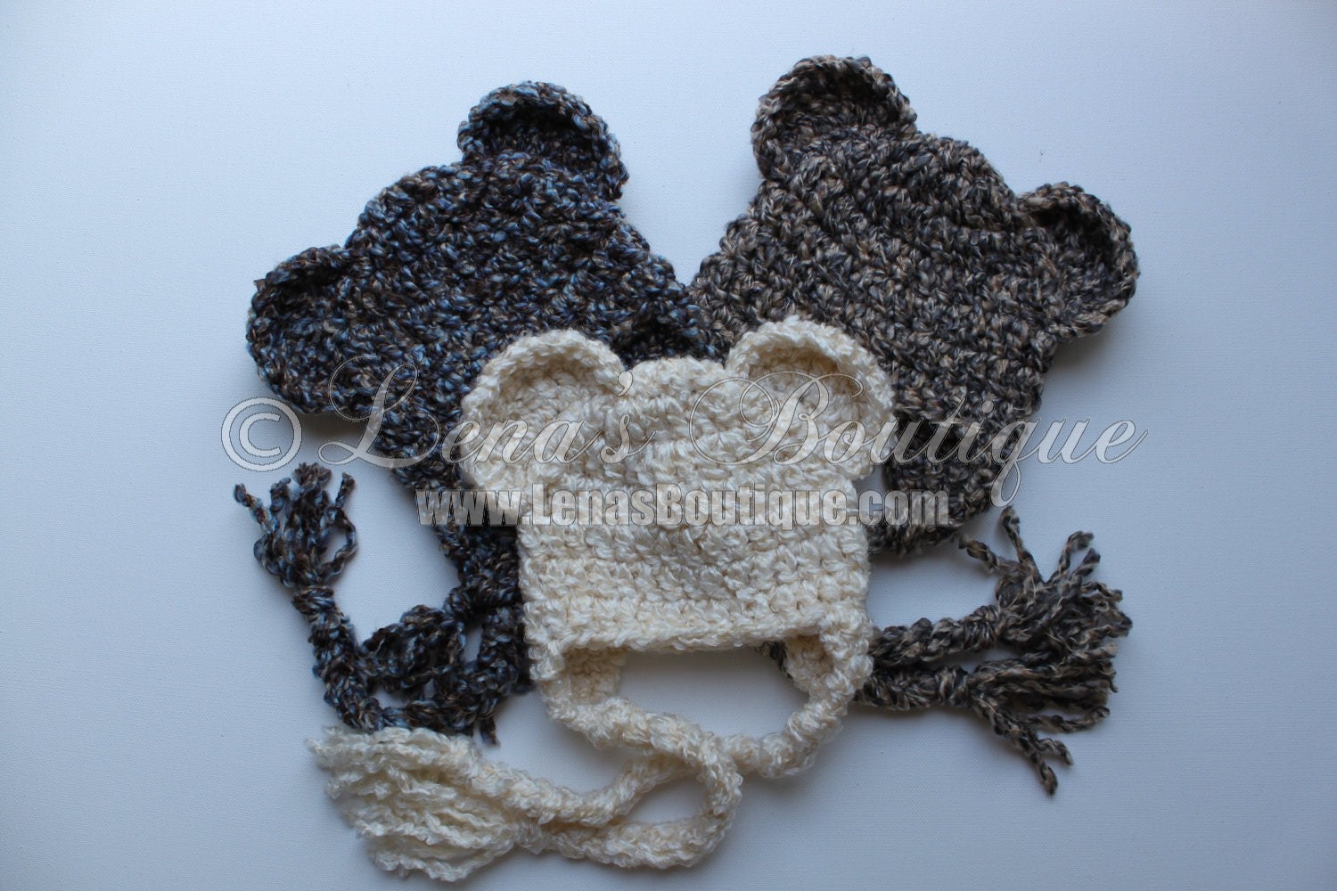 SALE Crochet Soft Chunky Textured Cream, Brown/Blue or Grey/Beige Bear Baby Hat for Boy or Girl - NEWBORN or 0-3 mo - Made To Order