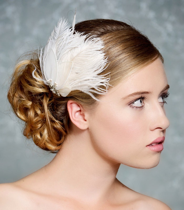 Fascinator, Bridal Fascinator, Ivory Feather Fascinator, Head Piece, Wedding Hair Accessories, Wedding Hair Piece - Made to Order - MARION