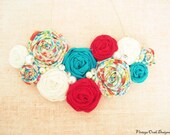 Garden Party Statement Necklace, Rosette Garden Statement Necklace, Poppy Red & Turquoise Necklace, Rolled Rosette Bib Necklace