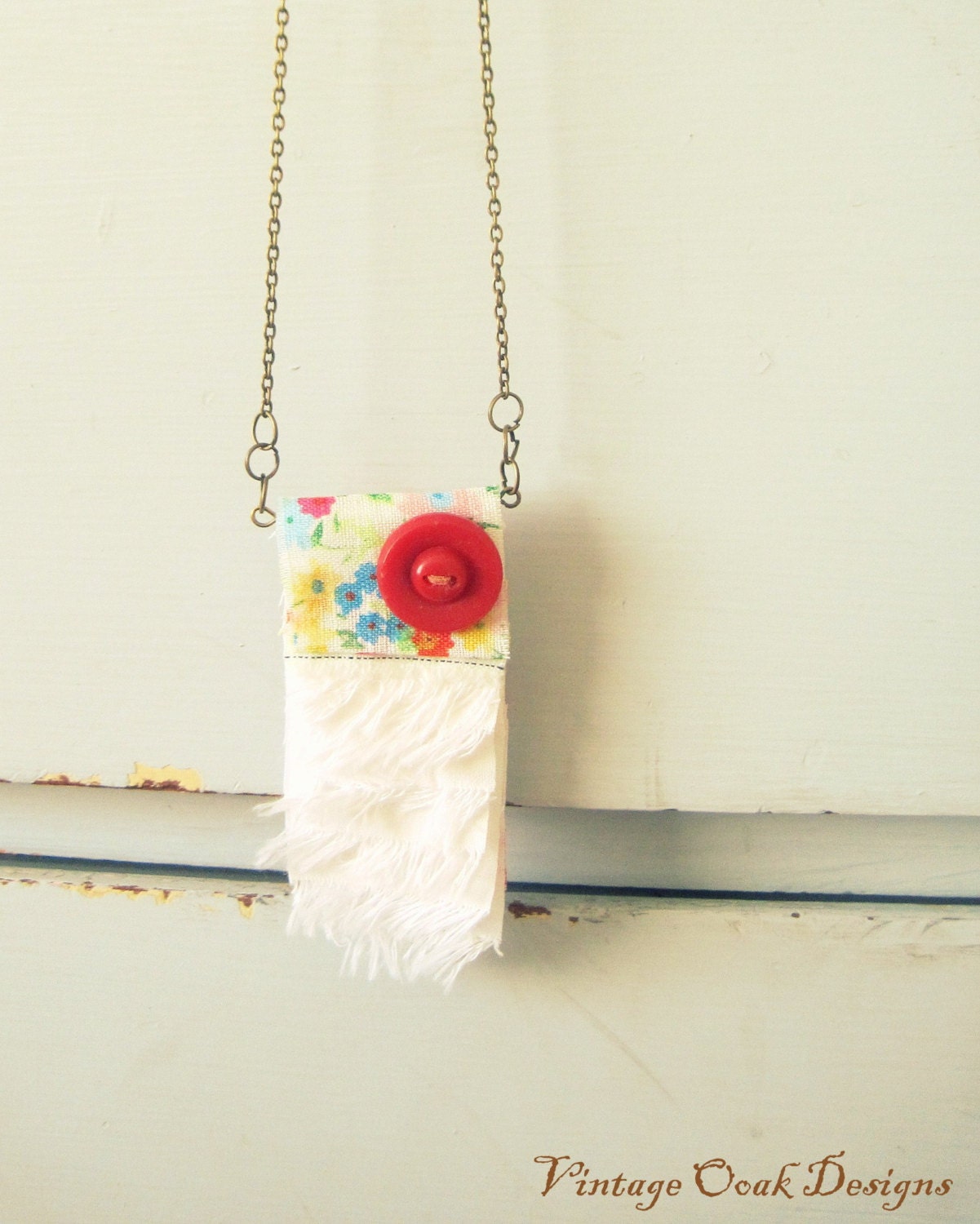 summer statement necklace, white fringe necklace,  red, yellow, turquoise floral fabric necklace, textiles banner necklace,summer trends