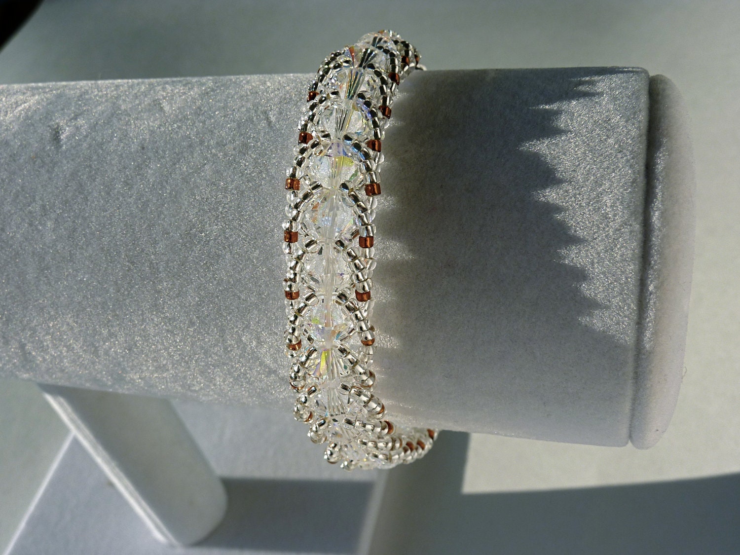 Woven Swarovski Crystal Tennis/Bridal Bracelet with Crystal Czech Side Beads and Copper Japanese Toho Accents