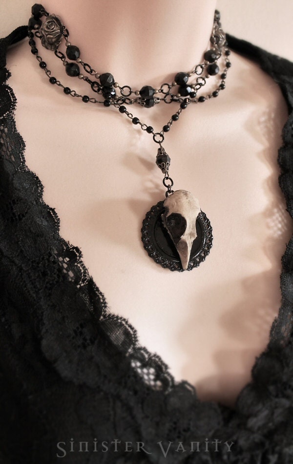 Gothic Necklace Victorian Choker Quail Skull Rosary Beaded Onyx Brass Rose Pendant Jewelry Necklace