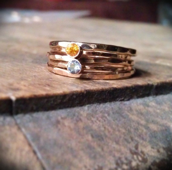 Set of Two gemstone stack rings with three hammered stack rings 14k Gold Filled Birthstone