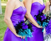 4 Feather Bouquets, Four Peacock Bridesmaid Bouquets, Black Teal and Purple Bouquets, Custom Color Bridal Party Bouquets