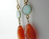 Pale blue and orange gold earrings - tangerine and aqua - aventurine and chalcedony earrings - OliveYewJewels