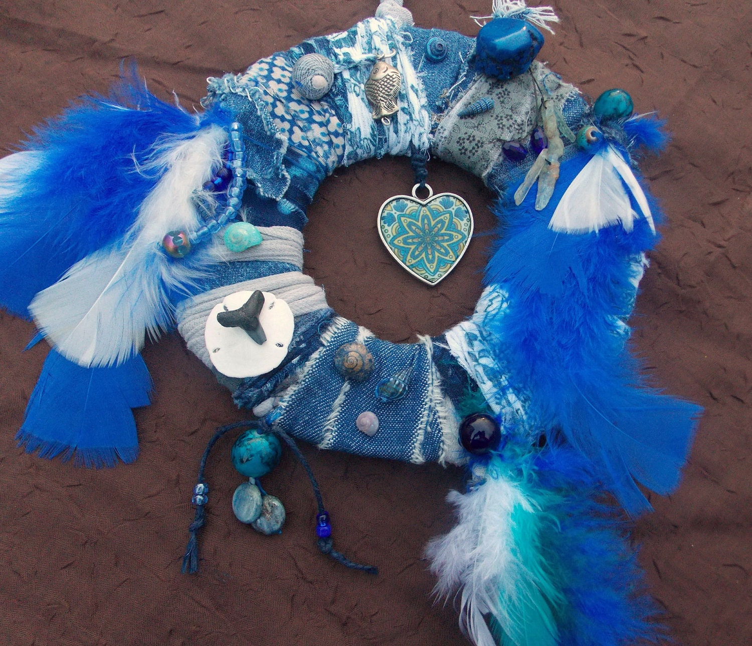 DREAMCATCHER BLUE KYANITE Moody Blues Gemstone Dreamcatcher heart mandala shell denim hippie boho angels fiber art textiles feathers