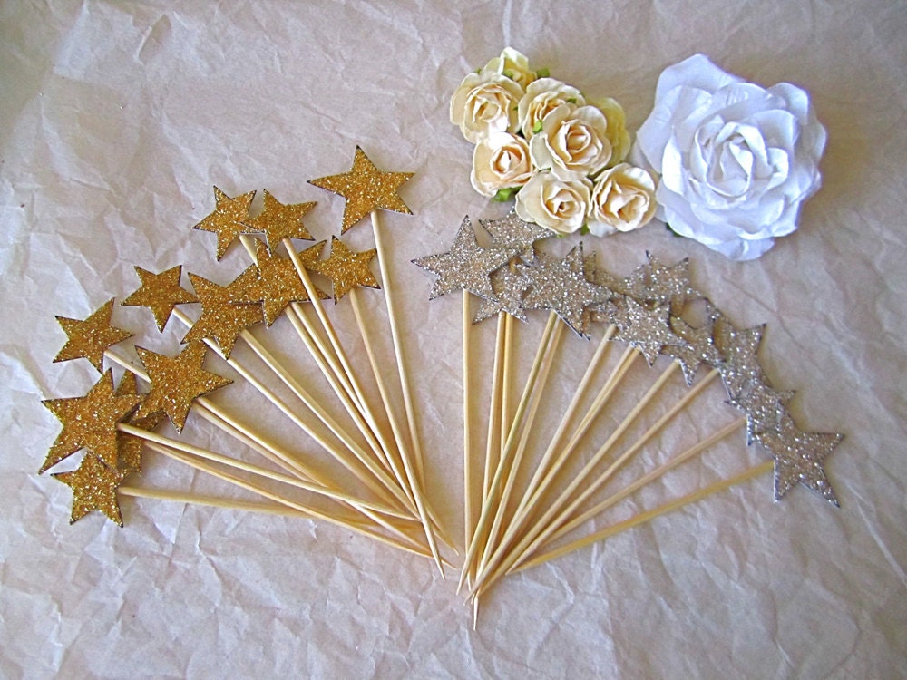 Star Cupcake Toppers -   Vintage Inspired -Set of 24 - Gold and Silver Glass Glitter
